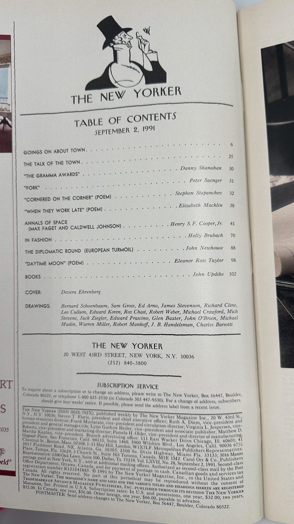 The New Yorker September 2, 1991 contents page