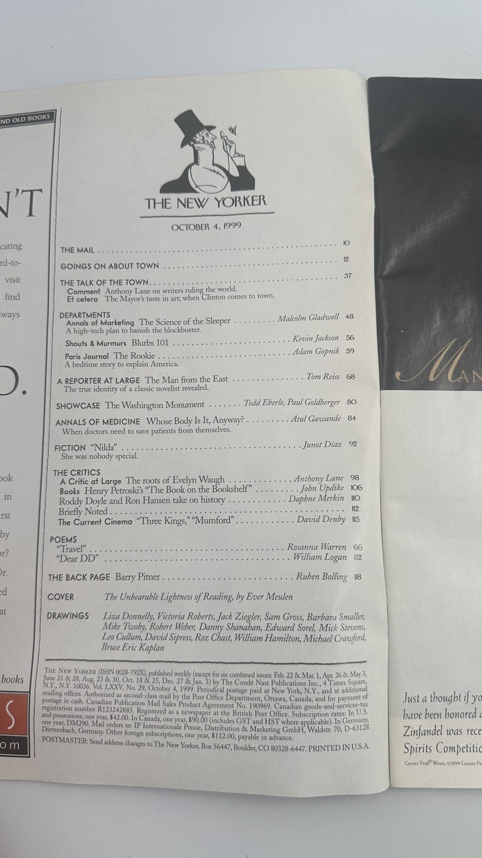 The New Yorker October 4, 1999 contents page