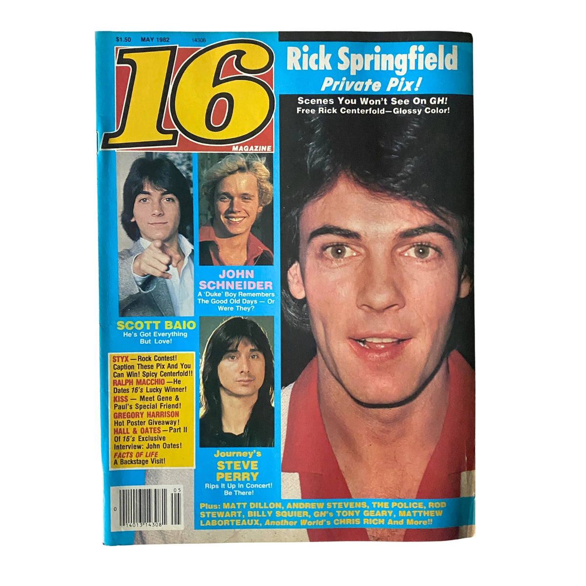 16 Magazine May 1982 cover featuring Rick Springfield, Scott Baio, and John Schneider, showcasing pop culture icons from the early 1980s.