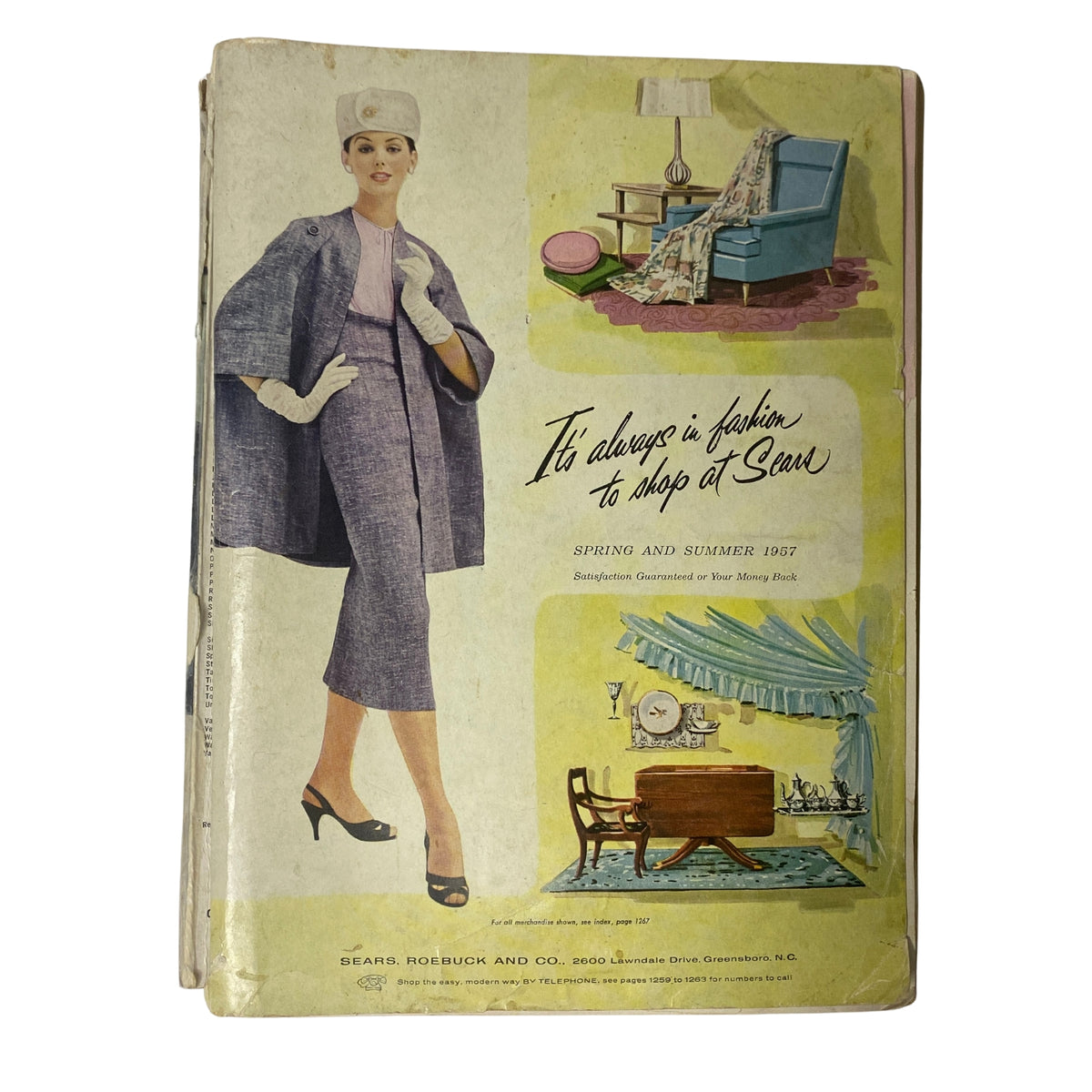 Cover of the 1957 Sears Spring and Summer Catalog showcasing mid-century fashion and home goods. An elegantly dressed woman in a stylish ensemble poses, with vintage furniture illustrations in the background, making it a perfect collectible for fashion and design enthusiasts.