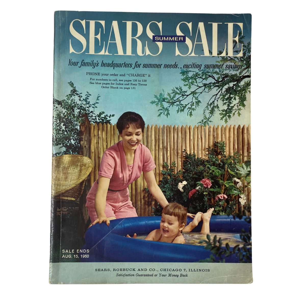 Cover of the 1960 Sears Summer Sale Catalog featuring a mother and child by a pool, showcasing vintage summer fashion and outdoor living.