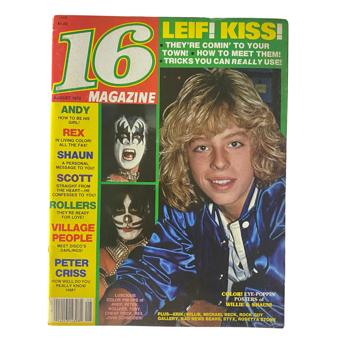 Cover of 16 Magazine from August 1979 featuring Gene Simmons, Peter Criss, and Leif Garrett, showcasing music stars and vibrant colors.