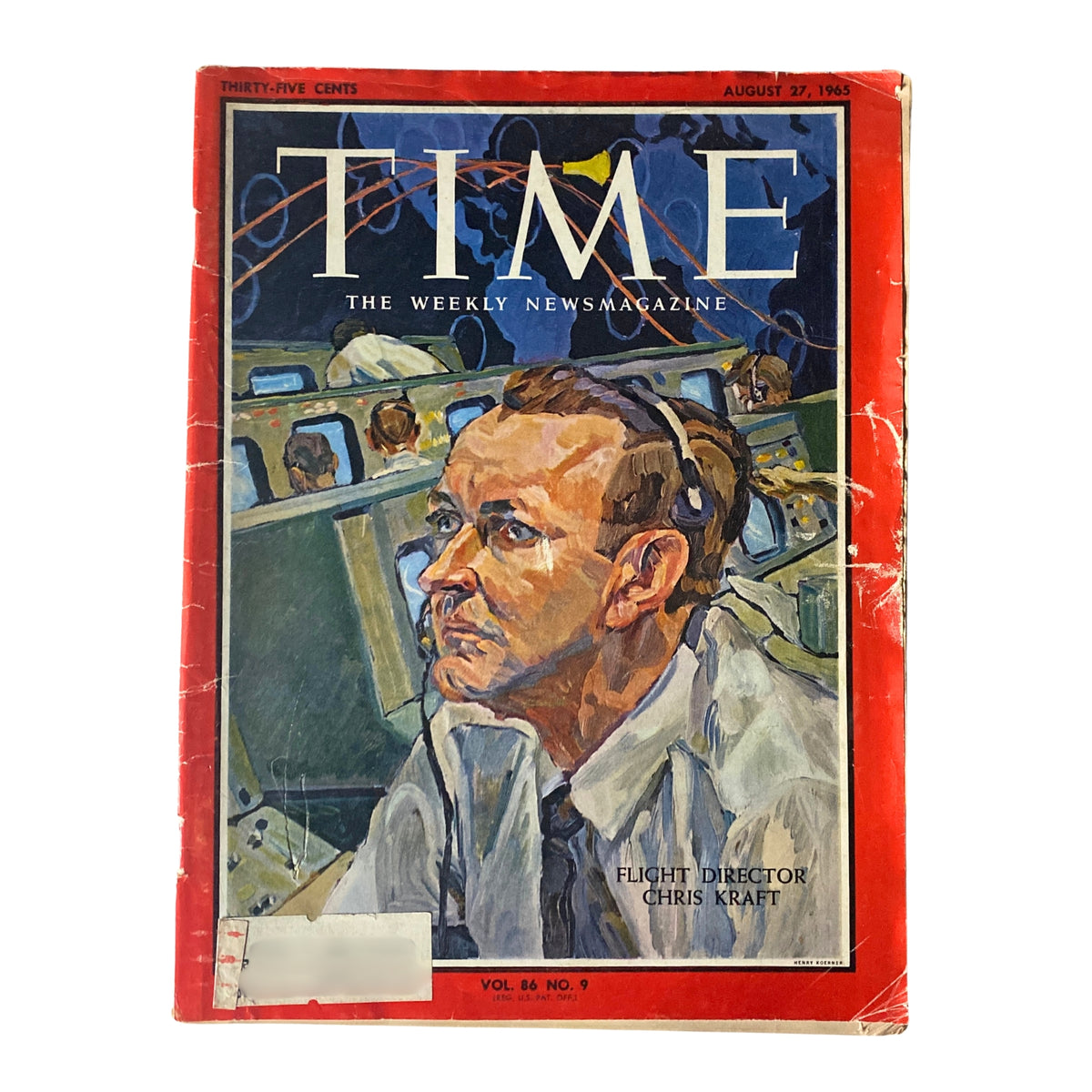 Time Magazine August 27, 1965 Vol 86 No. 9 cover featuring Flight Director Chris Kraft, depicting Kraft in a control room with a serious expression, representing NASA's early space missions.