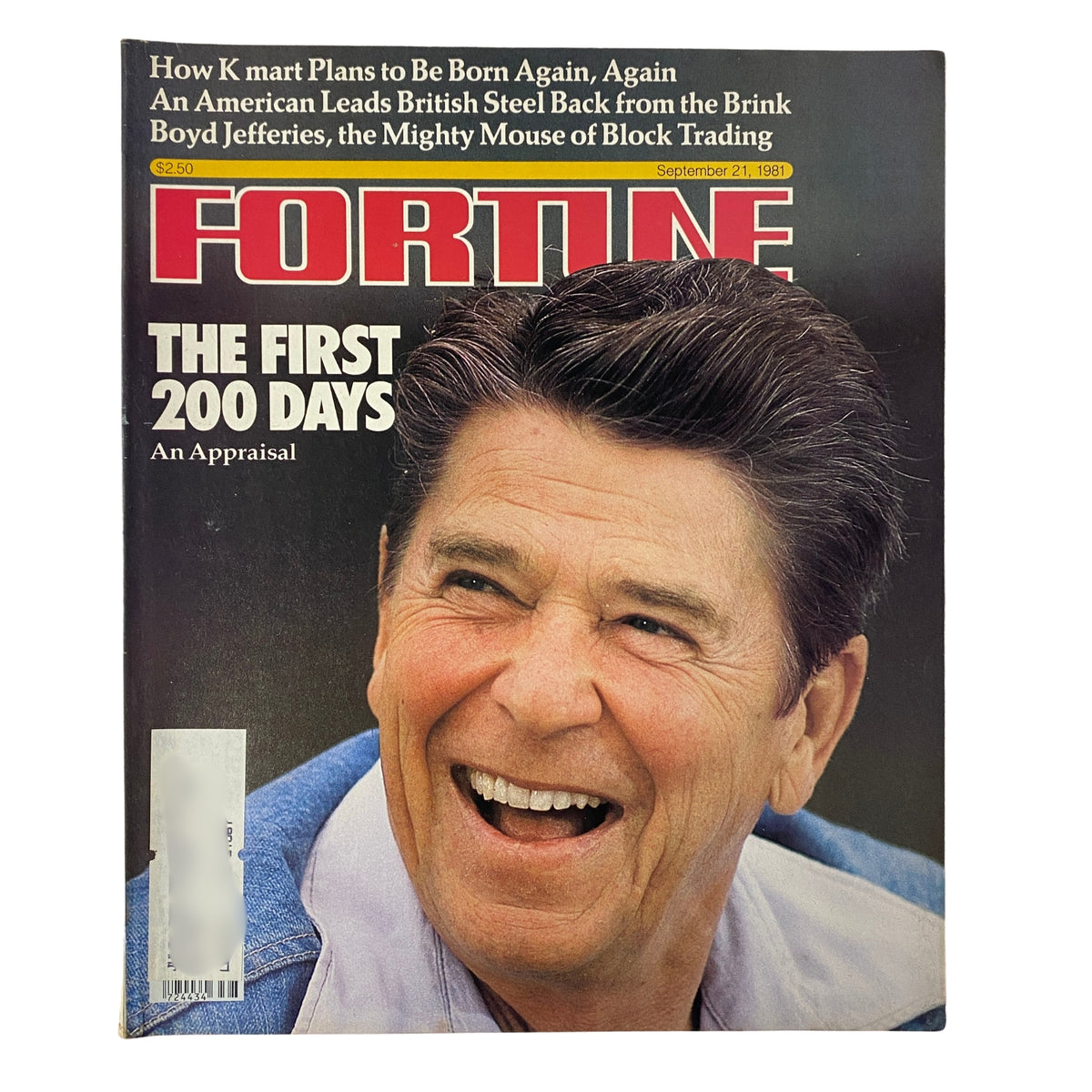 Cover of Fortune Magazine from September 21, 1981, featuring the title 'The First 200 Days' and a smiling Ronald Reagan, reflecting on his early presidency.