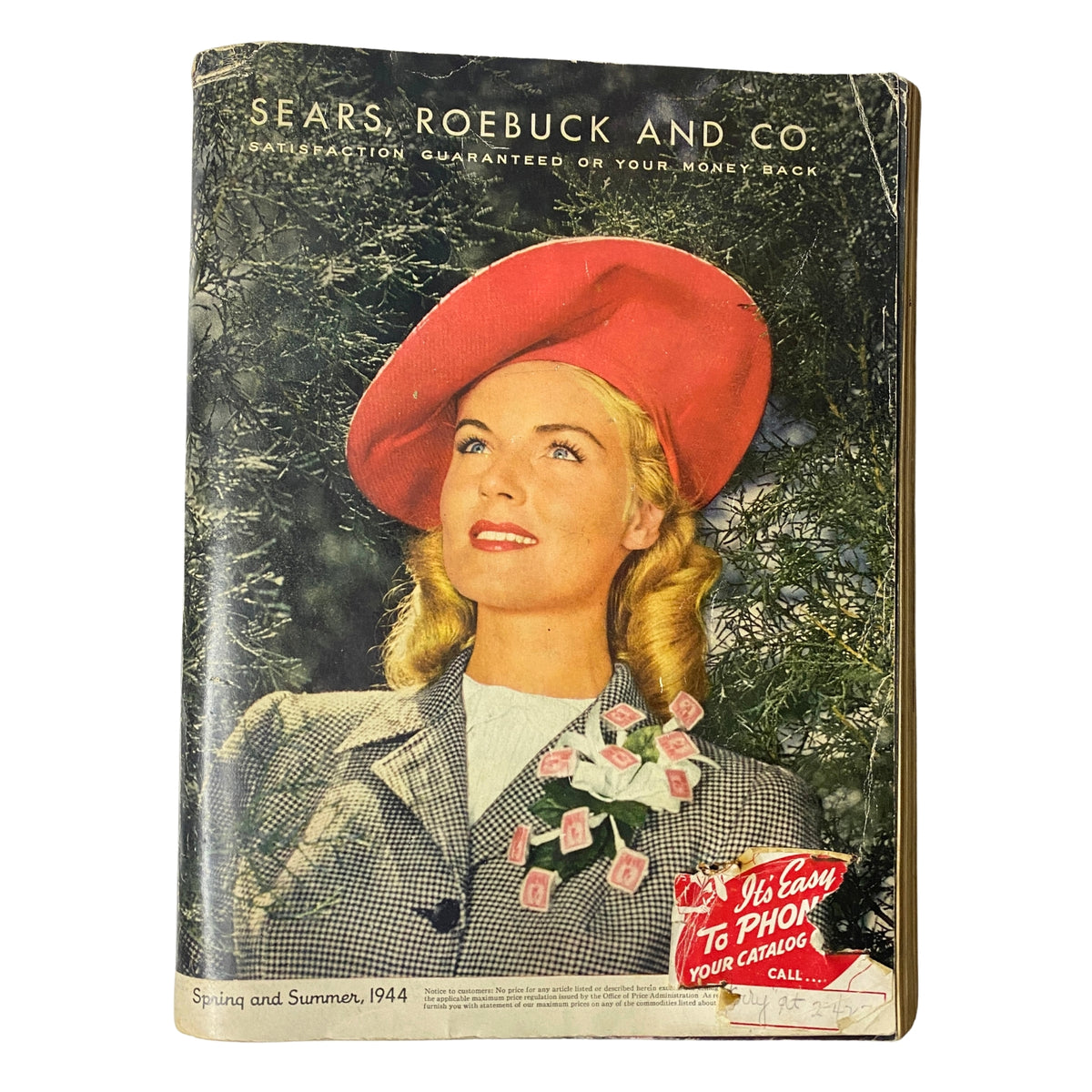 Cover image of the 1944 Sears, Roebuck and Co. Spring and Summer Catalog featuring a woman in a red hat and checkered blazer.