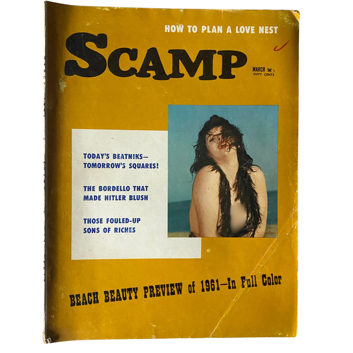 Cover of Scamp Magazine March 1961 featuring title, Beach Beauty Preview of 1961, and How to Plan a Love Nest column.