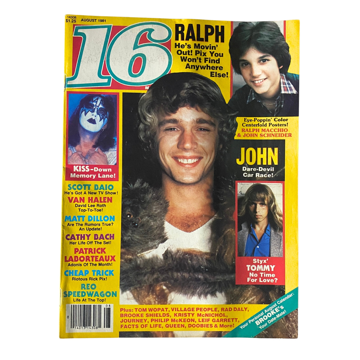 Cover of 16 Magazine August 1981 featuring Ralph Macchio and Ace Frehley with vibrant articles and images from 1980s pop culture.