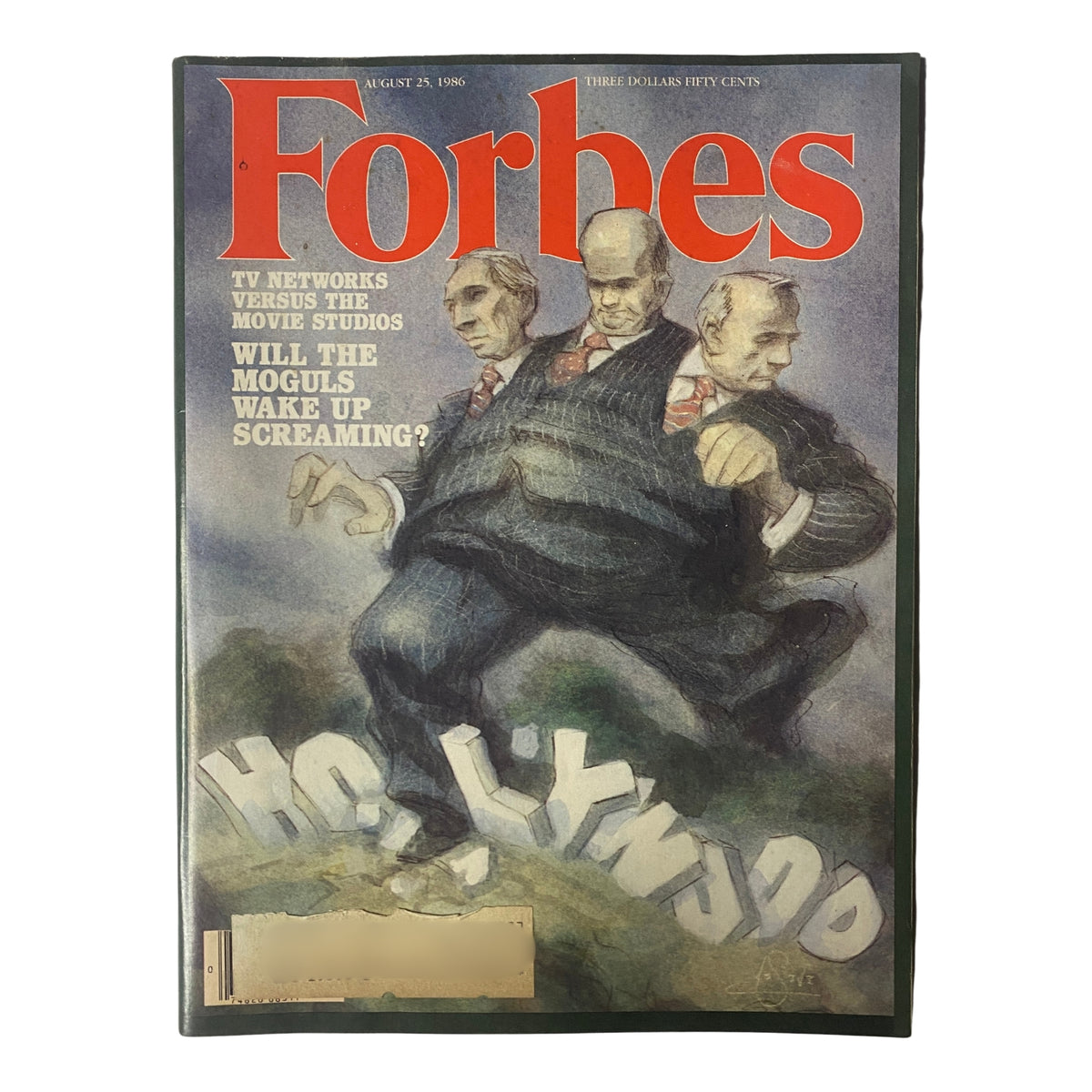 Forbes Magazine Cover August 25, 1986, featuring the title 'Will The Moguls Wake Up Screaming?' The cover illustrates the conflict between TV networks and movie studios with a colorful artistic representation.