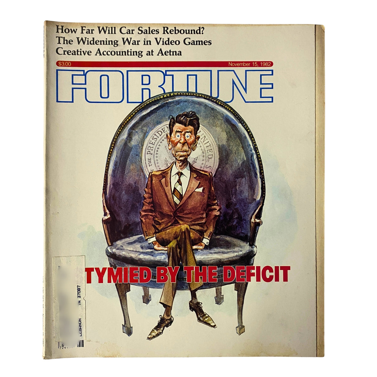 Fortune Magazine November 15, 1982 cover featuring a caricature of President Ronald Reagan with the headline 'Tymied by the Deficit', reflecting on his economic policies during a challenging financial period.