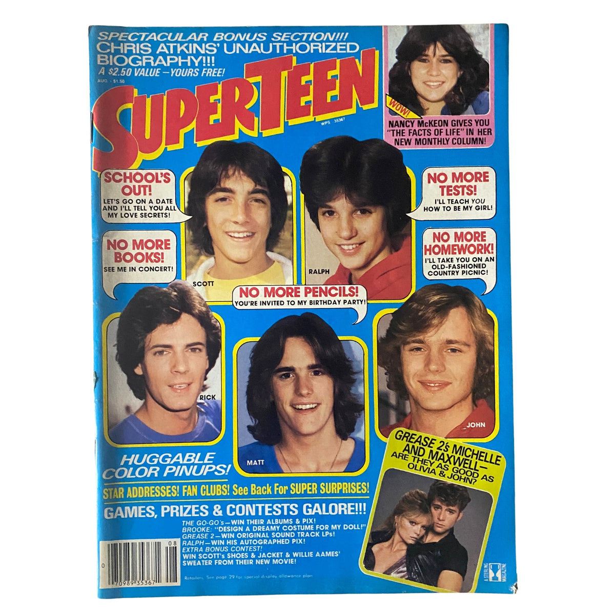 Front cover of 'SuperTeen Magazine' from August 1982 featuring iconic teen idols Scott Baio, Ralph Macchio, and Matt Lattanzi, along with vibrant promotional text on school life and celebrity culture.
