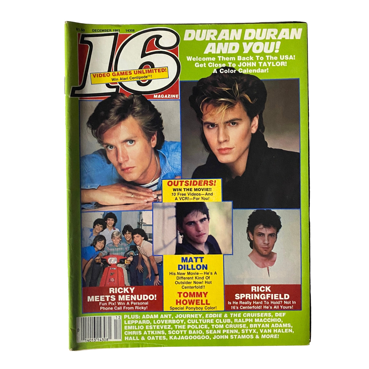 Cover of 16 Magazine December 1983 featuring Duran Duran and pop culture icons like Simon Le Bon, John Taylor, and Menudo, capturing the essence of 1980s music.