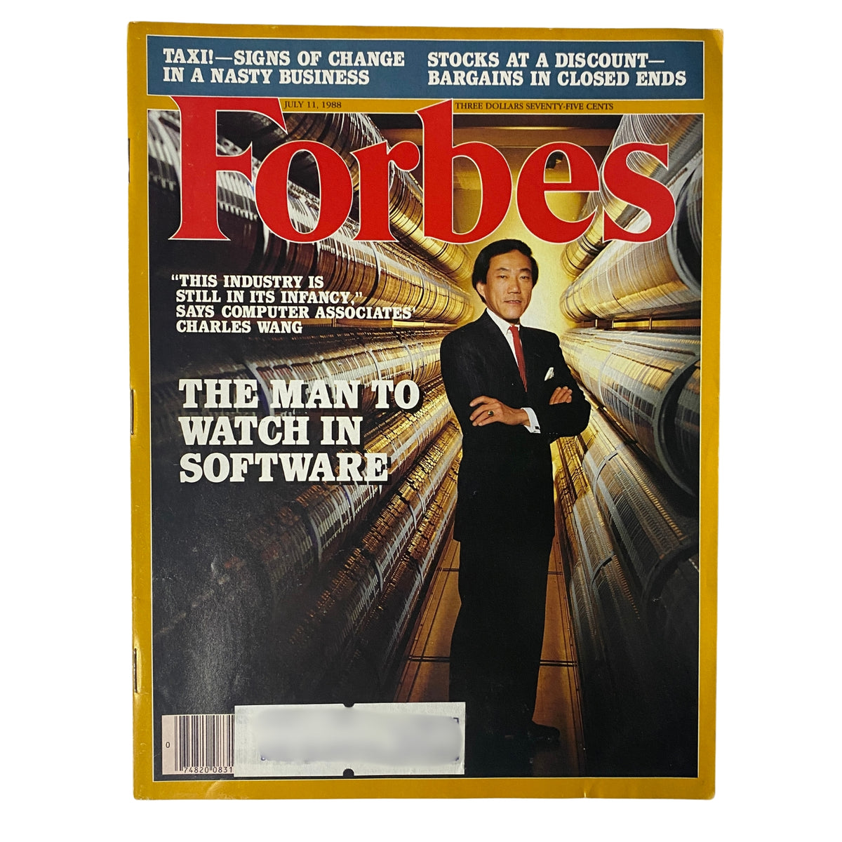 Cover of Forbes Magazine dated July 11, 1988 featuring Charles Wang as the main story, titled 'The Man to Watch in Software'. The cover highlights the influence of Computer Associates in the technology sector.