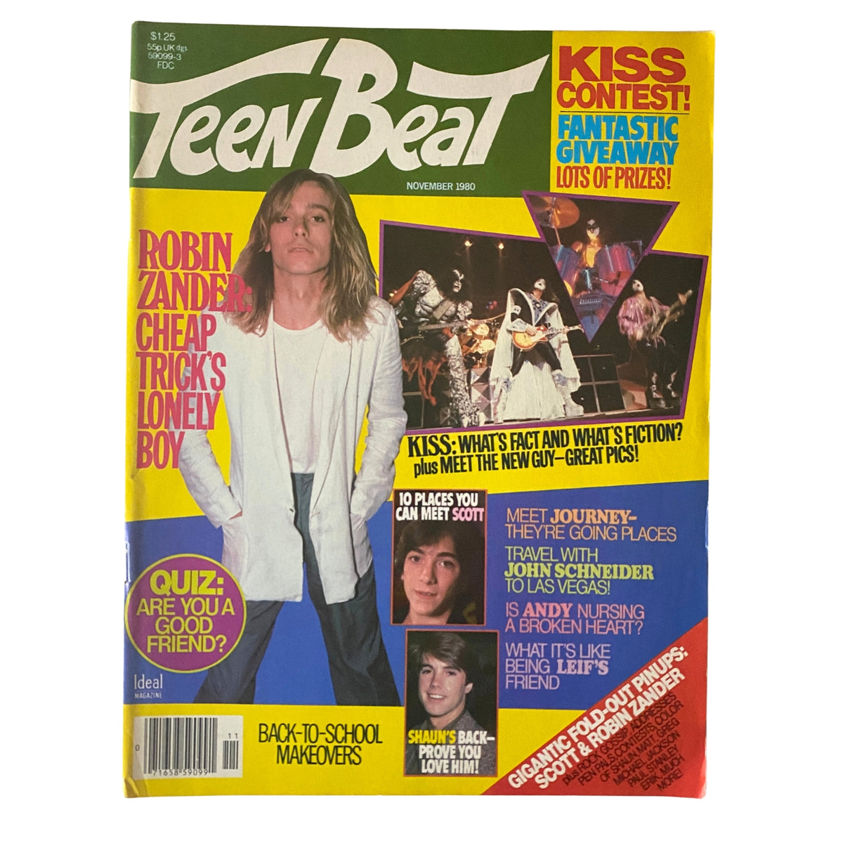 Cover of Teen Beat Magazine November 1980 featuring Robin Zander of Cheap Trick with the headline 'Teen Beat November 1980 Robin Zander, Cheap Trick's Lonely Boy'. The magazine includes color images and highlights features such as celebrity interviews and contests.