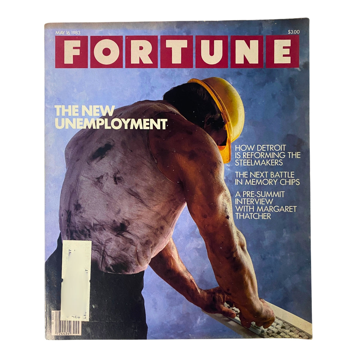 Cover of Fortune Magazine from May 16, 1983, featuring the title 'The New Unemployment' with an image of a muscular worker in a hard hat, discussing labor market shifts in the early 1980s.