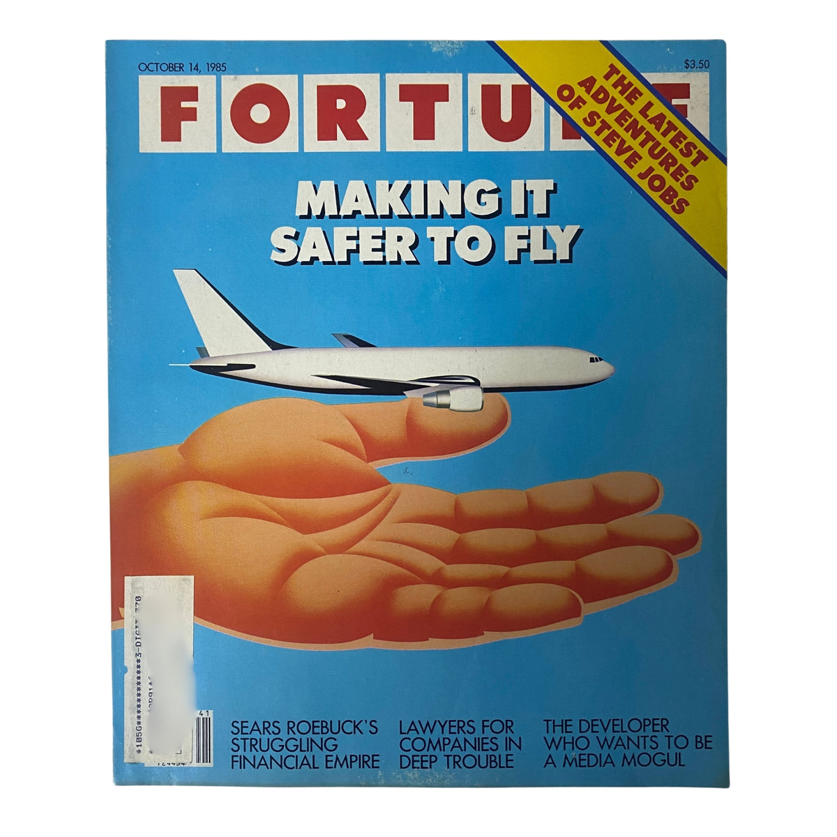 Cover of Fortune Magazine October 14, 1985 titled 'Making It Safer to Fly', featuring a large airplane above a hand and highlighting aviation safety advancements.