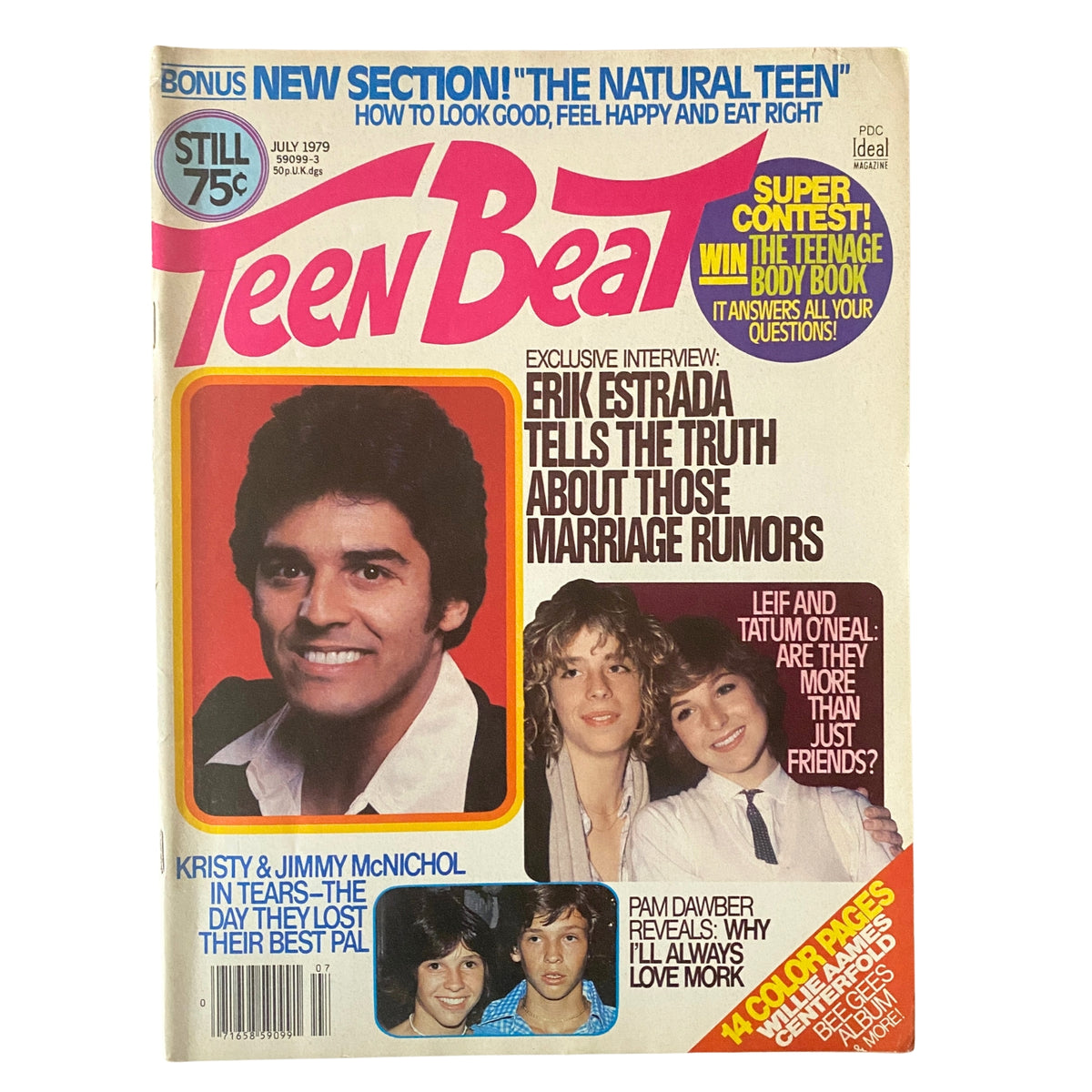 Teen Beat Magazine July 1979 featuring Erik Estrada on the cover with an exclusive interview about marriage rumors, alongside Pam Dawber and Kristy & Jimmy McNichol. This vintage magazine highlights '70s pop culture and includes a full-color poster.