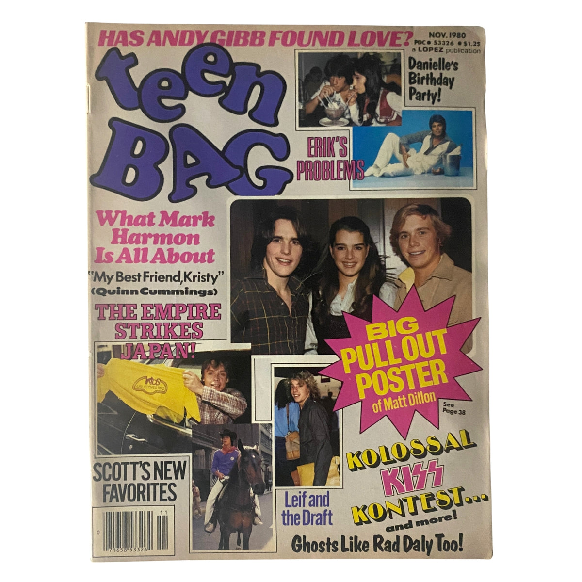Teen Bag Magazine November 1980 cover featuring Mark Harmon and Leif Garrett with a big pull-out poster of Matt Dillon, showcasing articles about teenage pop culture, film stars, and behind-the-scenes looks.