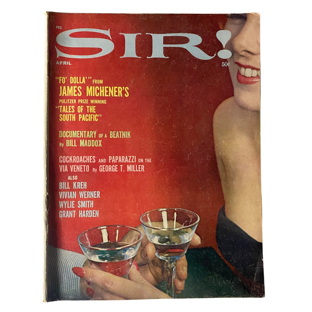Cover of Sir! Magazine, April 1963 featuring the title 'Fo Dolla' from James Michener's 'Tales of the South Pacific', with an image of a woman holding a martini glass.