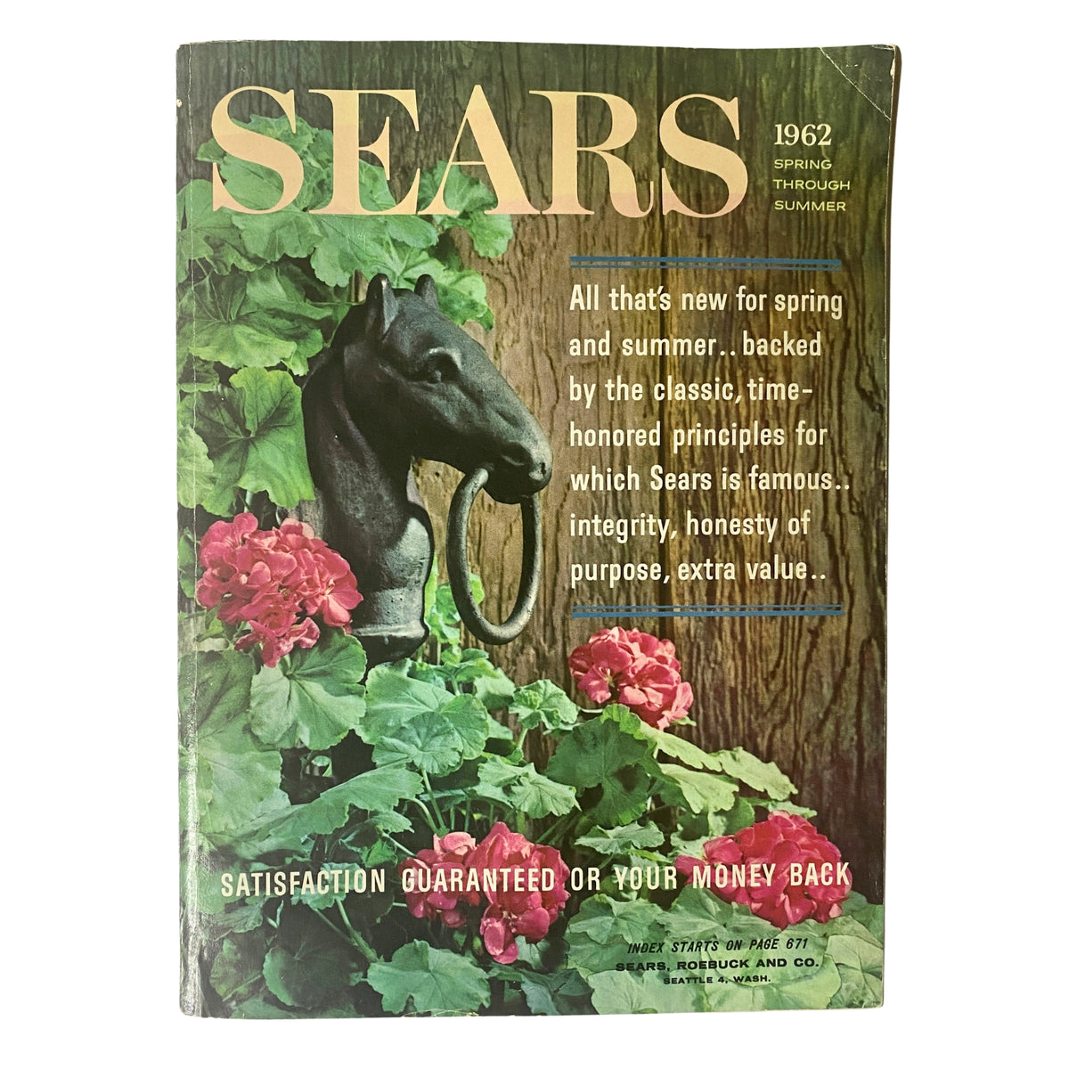 Cover of the 1962 Sears Family Patterns Spring - Summer Catalog featuring a horse-head door knocker and colorful geraniums, highlighting vintage fashion inspirations.