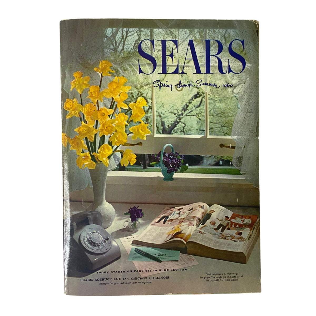 Cover of the 1960 Sears Roebuck and Co. Illinois Spring through Summer Catalog featuring flowers and a vintage phone, capturing the essence of early 60s American culture.