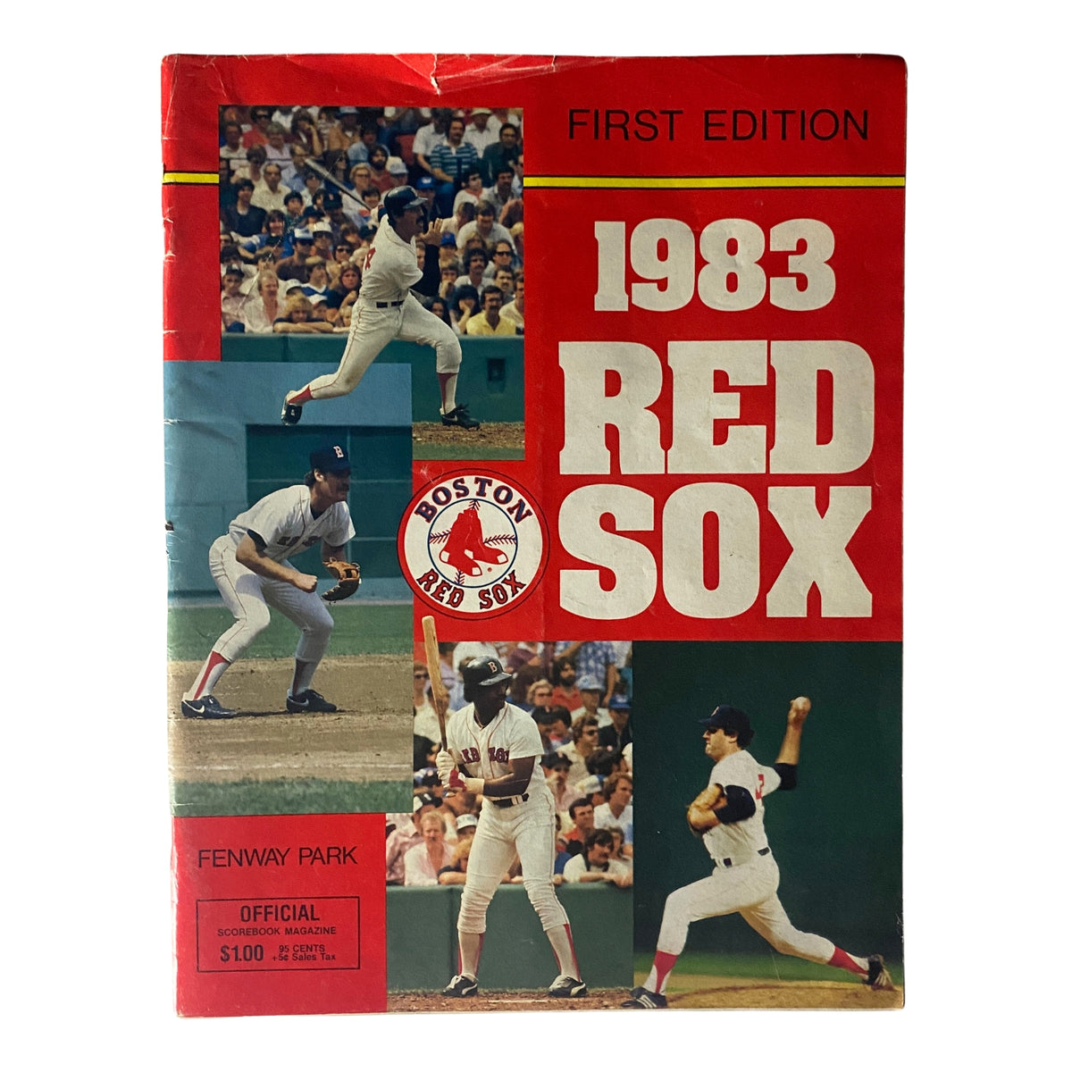 Cover of the 1983 Boston Red Sox Official Scorebook Magazine First Edition featuring team images and Fenway Park.