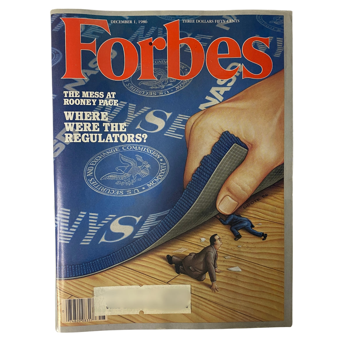 Forbes Magazine December 1, 1986 Cover featuring the title 'Incompetence, Inc.' highlighting the downfall of Pat Rooney and Randy Pace. The cover illustrates a hand lifting a corner of the financial market, suggesting underlying issues.