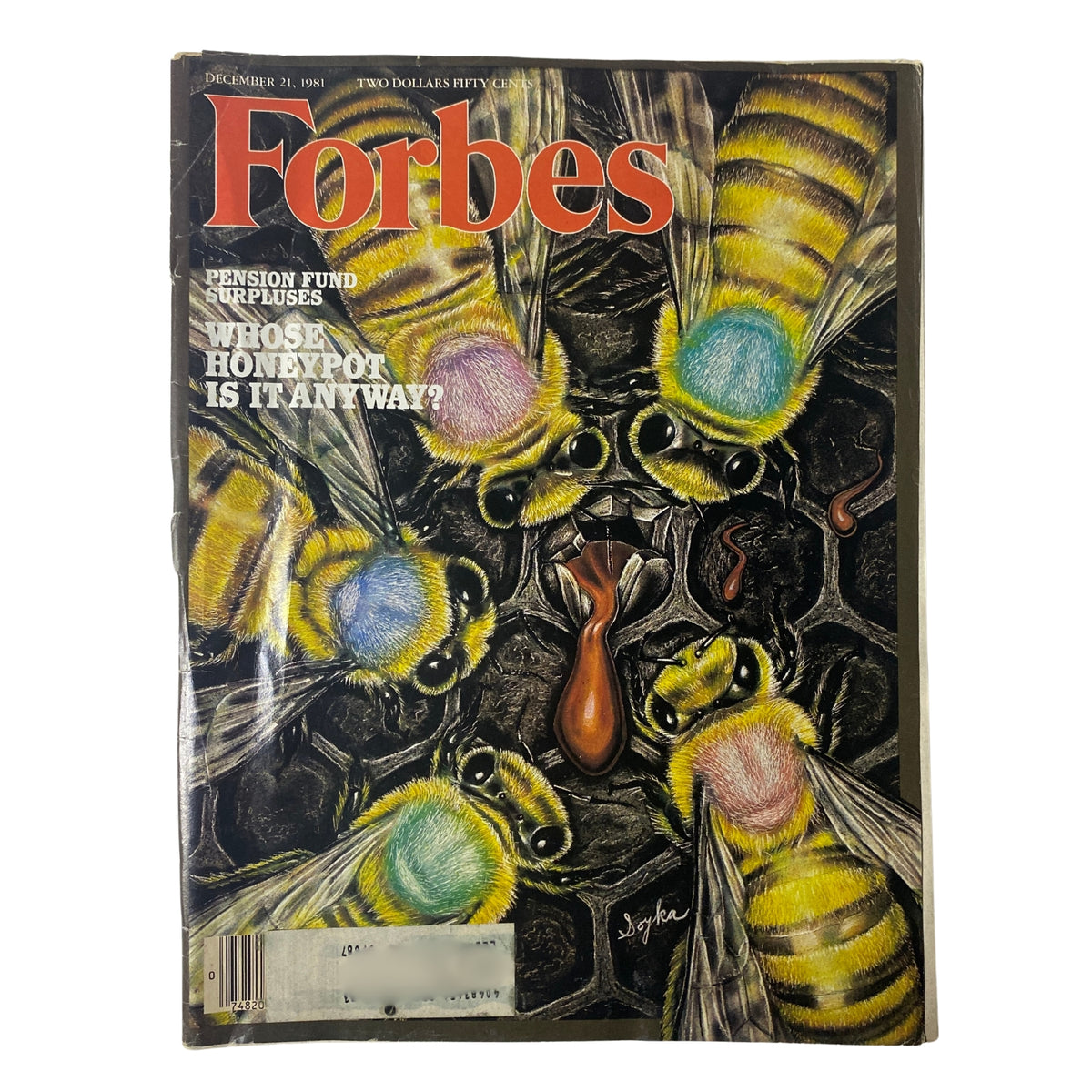Cover of Forbes Magazine dated December 21, 1981, featuring the title 'Pension Fund Surpluses' with a unique illustration of bees surrounding a honey pot, highlighting the intriguing question 'Whose Honeypot Is It Anyway?' This vintage magazine captures significant economic themes of the early 1980s.