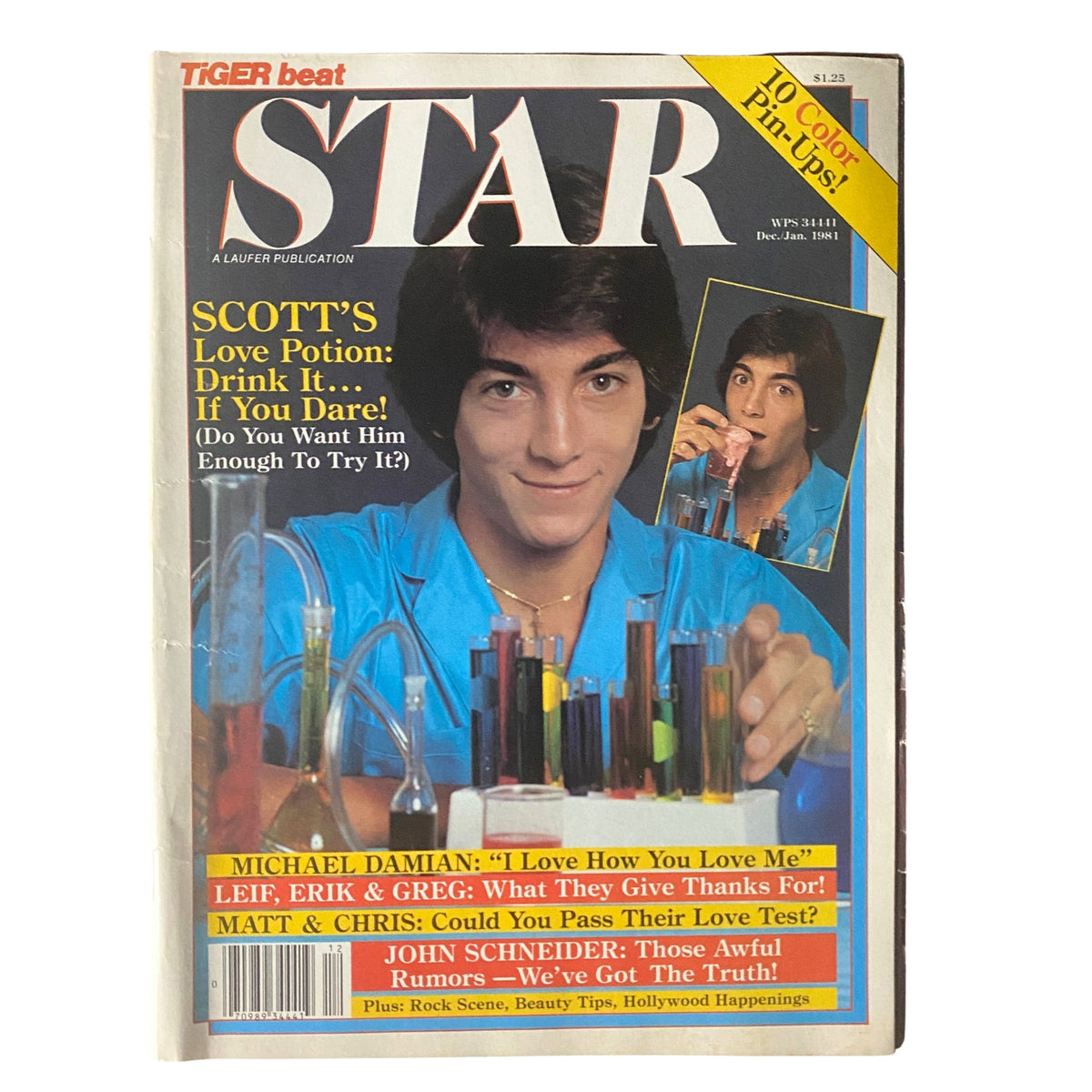 Cover of Tiger Beat Star Magazine December 1981 featuring Scott Baio and Michael Damian, promoting Scott's Love Potion and including bright, colorful graphics.