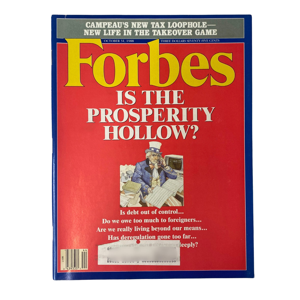 Forbes Magazine cover from October 31, 1988, featuring the title 'Is The Prosperity Hollow?' with a red background and an illustration of a thoughtful man at a desk. The cover questions the economic legacy of the Reagan era, making it a significant vintage collectible.