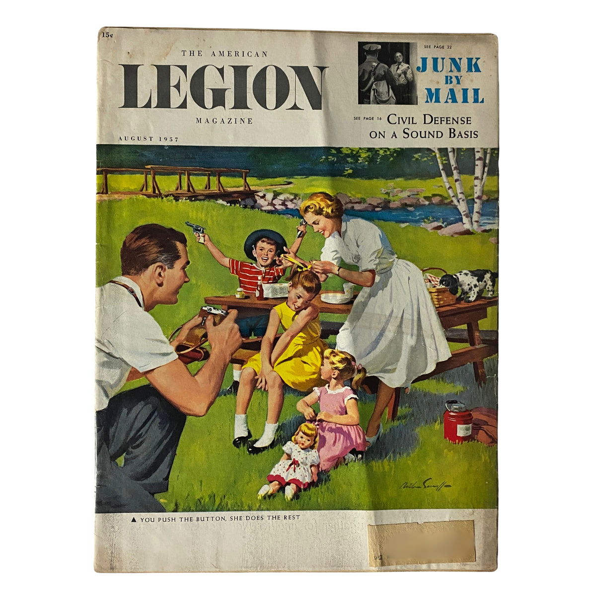 Cover of The American Legion Magazine August 1957 featuring a family picnic scene and the title 'Civil Defense on a Sound Basis'.