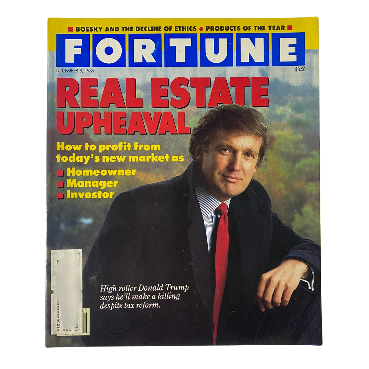 Fortune Magazine cover from December 8, 1986, featuring Donald Trump with the title 'REAL ESTATE UPHEAVAL.' The cover highlights smart strategies for homeowners, managers, and investors, making it a valuable collectible.