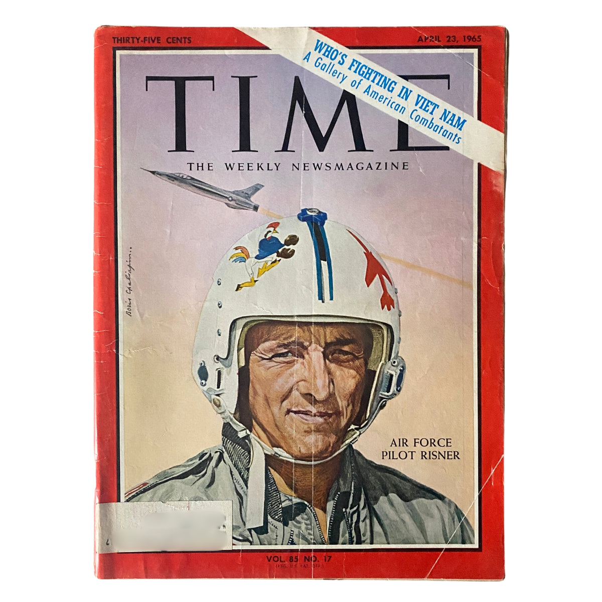 Time Magazine April 23, 1965 Vol 85 No. 17 featuring a portrait of Air Force pilot Risner in a flight helmet, highlighting military history and the Vietnam War era.