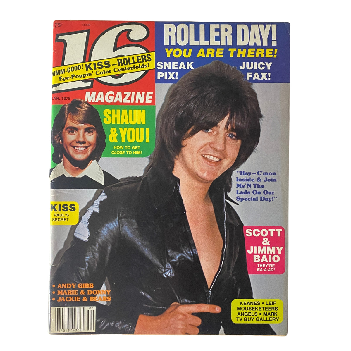Cover of 16 Magazine January 1978 featuring Les McKeown and Shaun Cassidy with vibrant colors and promotional text for iconic teen culture.