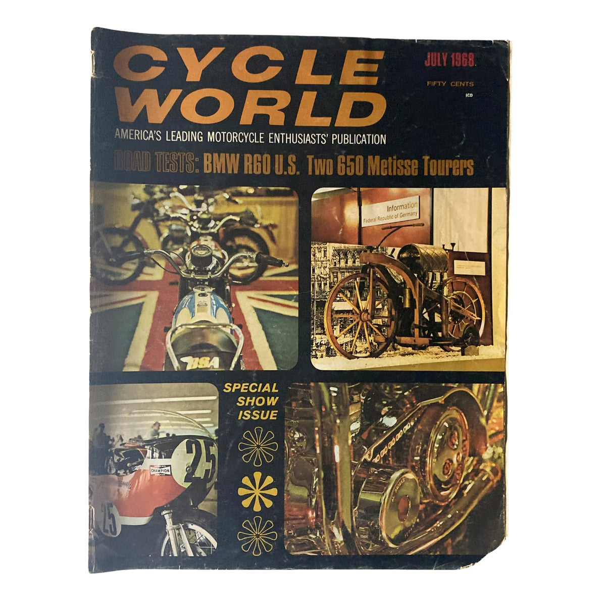 Cover of Cycle World Magazine July 1968 featuring BMW R60 U.S. with images of motorcycles and a vintage design.