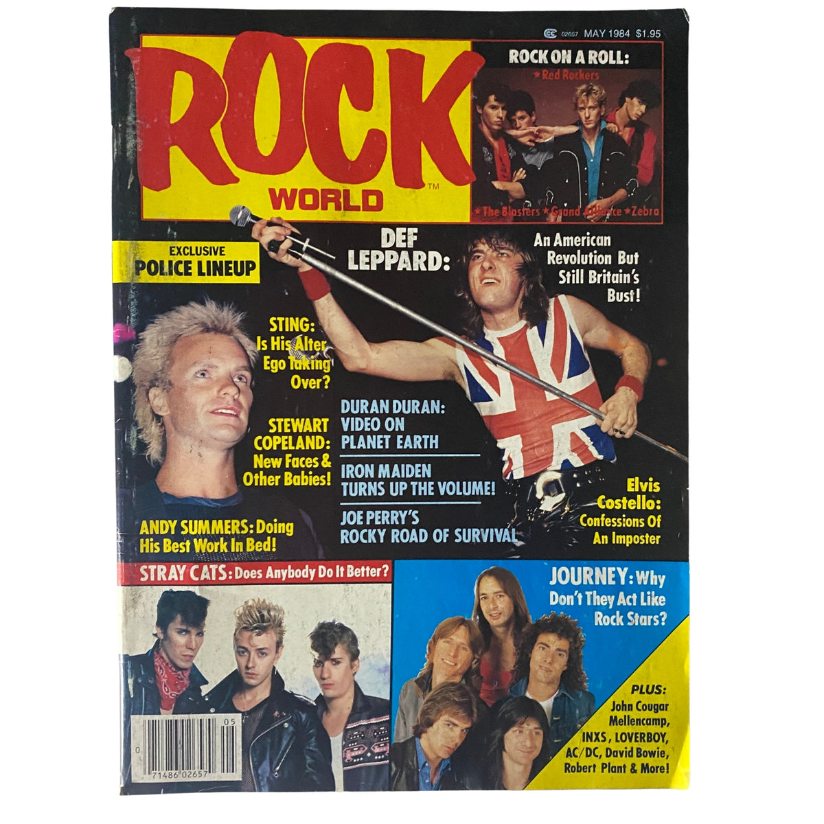 Rock World Magazine May 1984 cover featuring music legends Sting and Stewart Copeland, along with highlights of Def Leppard, Aerosmith, and Duran Duran.