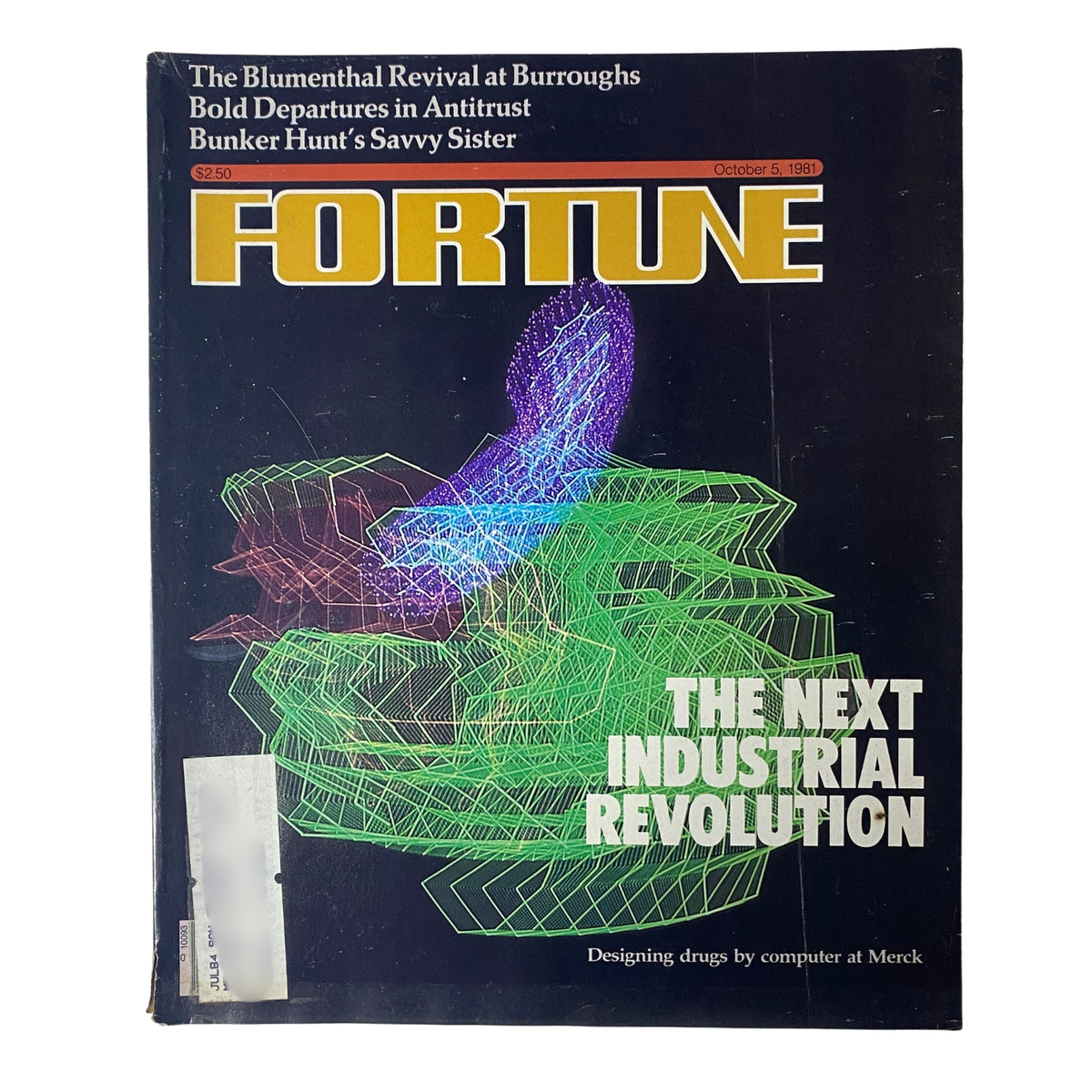 Fortune Magazine cover from October 5, 1981, featuring the title 'The Next Industrial Revolution', highlighting technological advancements and economic changes with a graphical image.