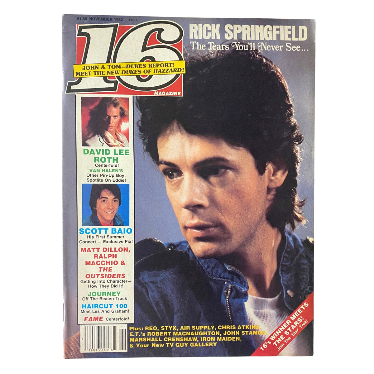 Cover of 16 Magazine November 1982 featuring Rick Springfield, David Lee Roth, and Scott Baio with vibrant 80s design and text highlights.