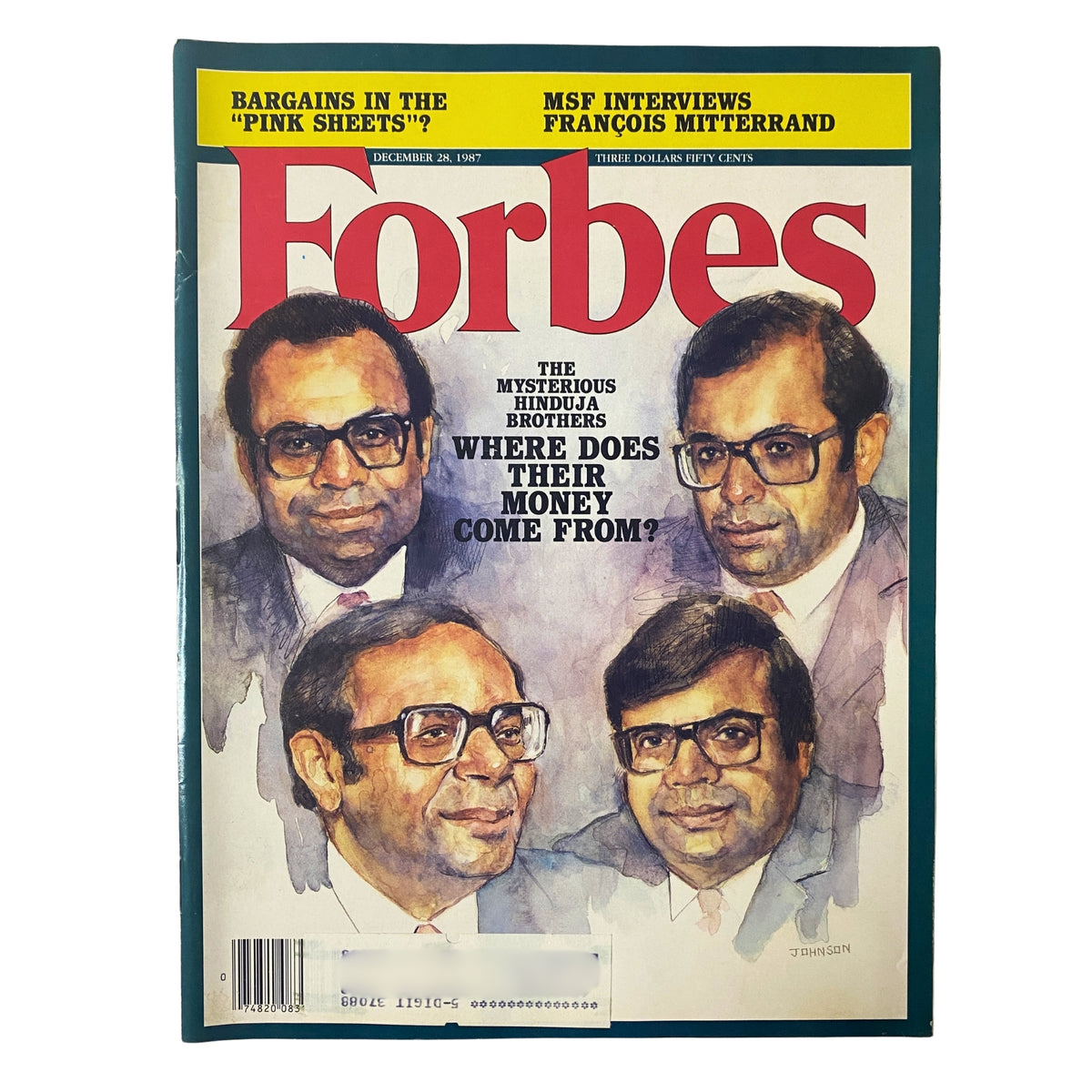 Forbes Magazine cover from December 28, 1987, featuring the title 'The World Is Their Bazaar' and the Hinduja Brothers, illustrating their financial power and influence.