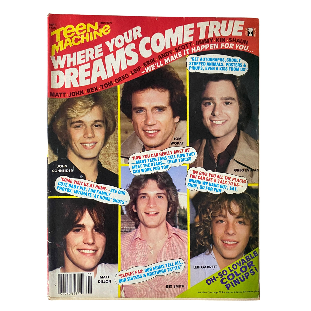 Cover of Teen Machine Magazine September 1980 featuring Matt Dillon, Tom Wopat, John Schneider, Erik Estrada, Greg Evigan, and Rex Smith with colorful design.