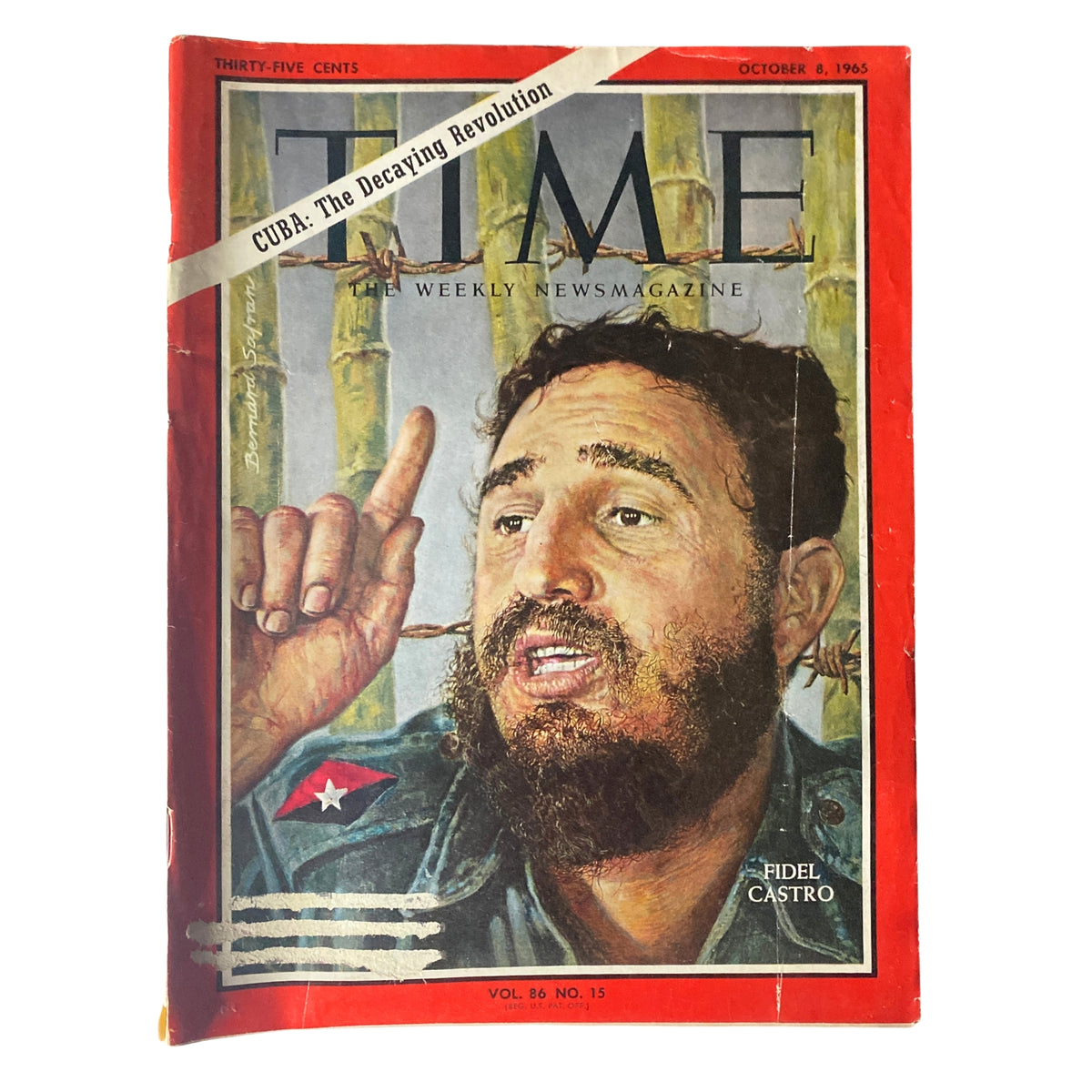 Cover of Time Magazine from October 8, 1965 featuring Fidel Castro with the title 'Fidel Castro: The Decaying Revolution'. The magazine showcases a striking illustration of Castro with symbolic elements of Cuba's political landscape.