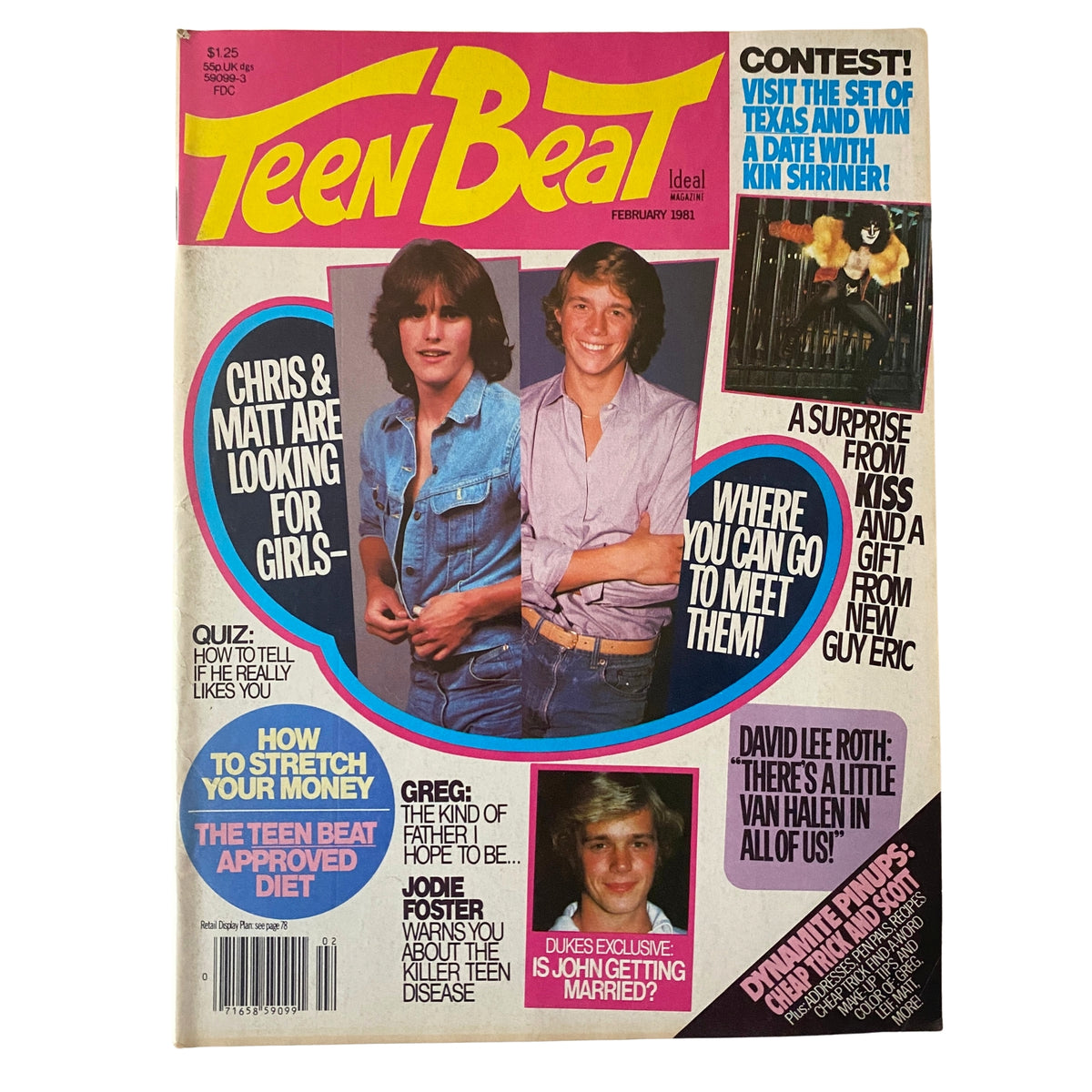 Teen Beat Magazine February 1981 featuring Chris Atkins and Matt Dillon on the cover, promoting celebrity interactions and interviews.