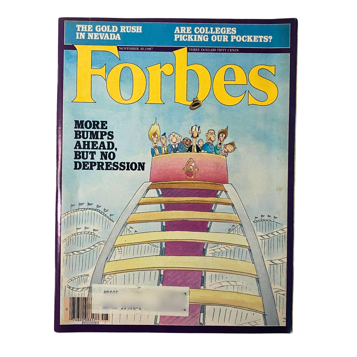 Forbes Magazine cover dated November 30, 1987, featuring the title 'More Bumps Ahead, But No Depression.' The image showcases a whimsical illustration of a roller coaster with cartoon figures emphasizing optimism in the market post-crash. The issue discusses the aftermath of the market crash and includes the cover story 'Why The Market Crash Won't Cause A Recession.'