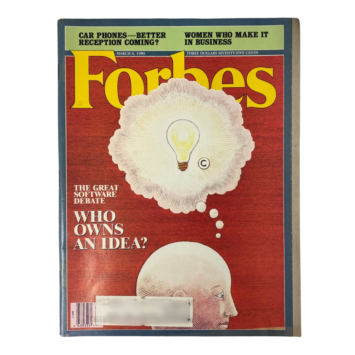 Cover of Forbes Magazine March 6, 1989 featuring the question 'Who Owns an Idea?' with a graphic depicting a light bulb above a thinker, discussing intellectual property rights.