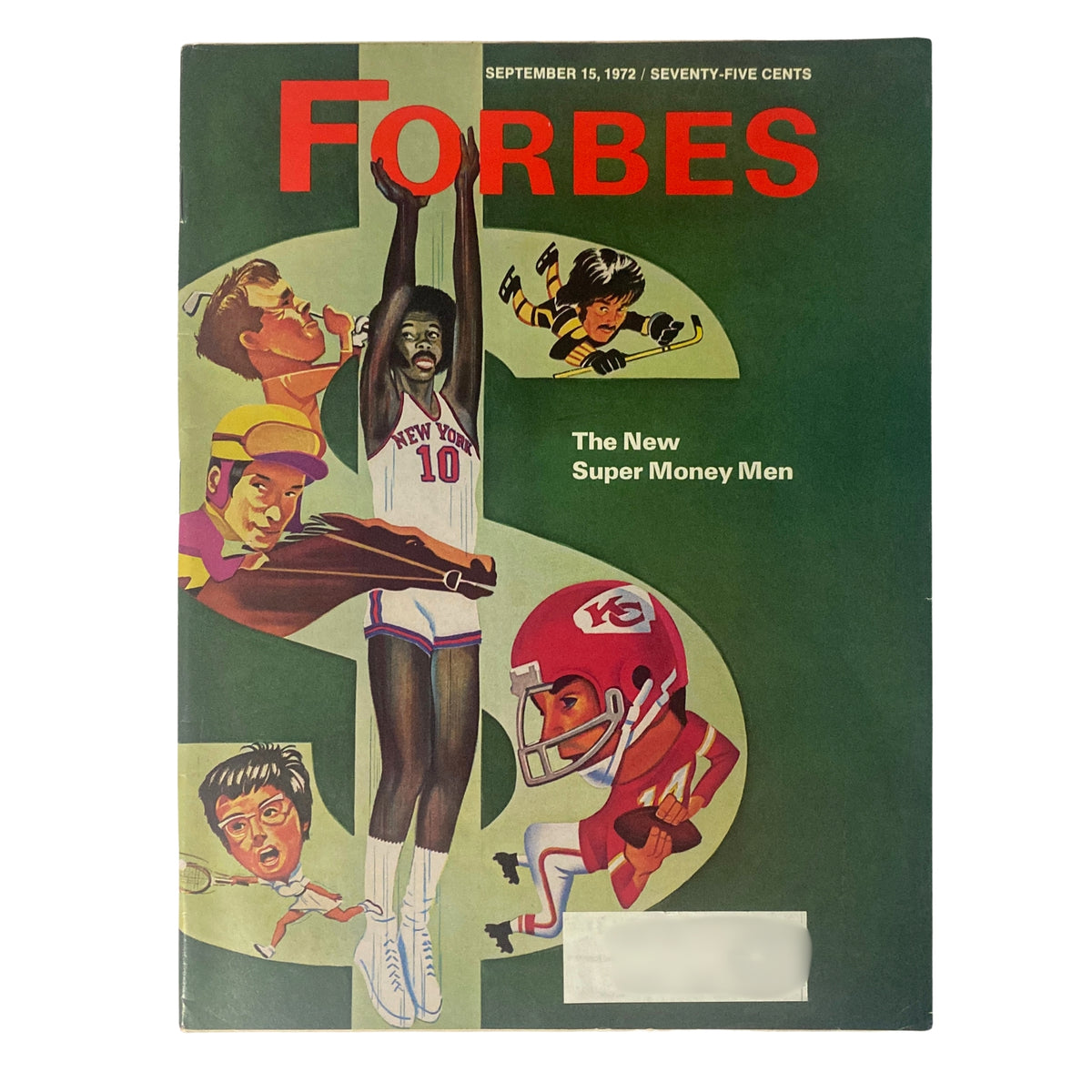 Cover of Forbes Magazine September 15, 1972 featuring the title 'The New Super Money Men' and illustrations of various athletes including a basketball player, highlighting the intersection of sports and finance.