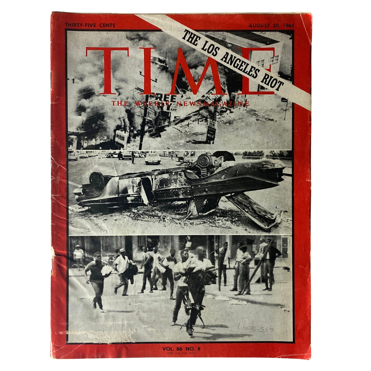 Time Magazine cover from August 20, 1965, Vol 86 No 8 featuring 'The Los Angeles Riot,' depicting scenes of civil unrest including a damaged vehicle and crowds in the streets.