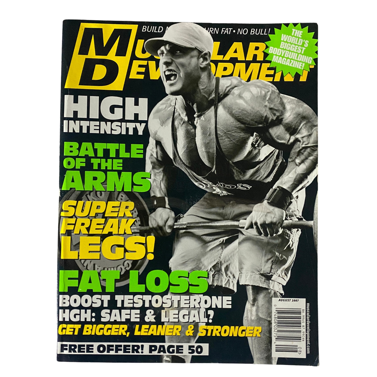 Muscular Development Magazine August 2007 featuring a muscular athlete on the cover, highlighting topics like high intensity training, fat loss, and bodybuilding tips.