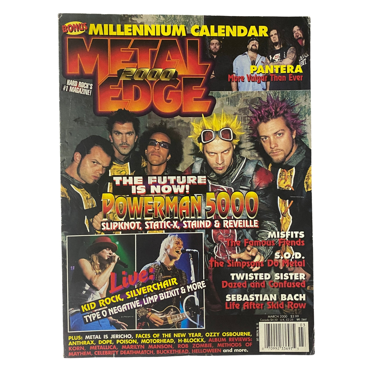 Metal Edge Magazine March 2000 cover featuring Powerman 5000 and Pantera, showcasing the future of metal with various band highlights and a striking design.
