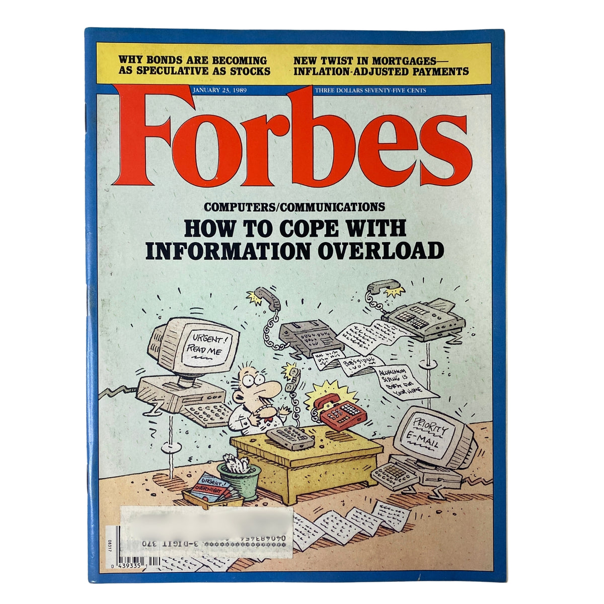 Cover of Forbes Magazine January 23, 1989 featuring the article 'How To Cope with Information Overload', illustrated with a cartoon depicting a cluttered desk with computers and papers.