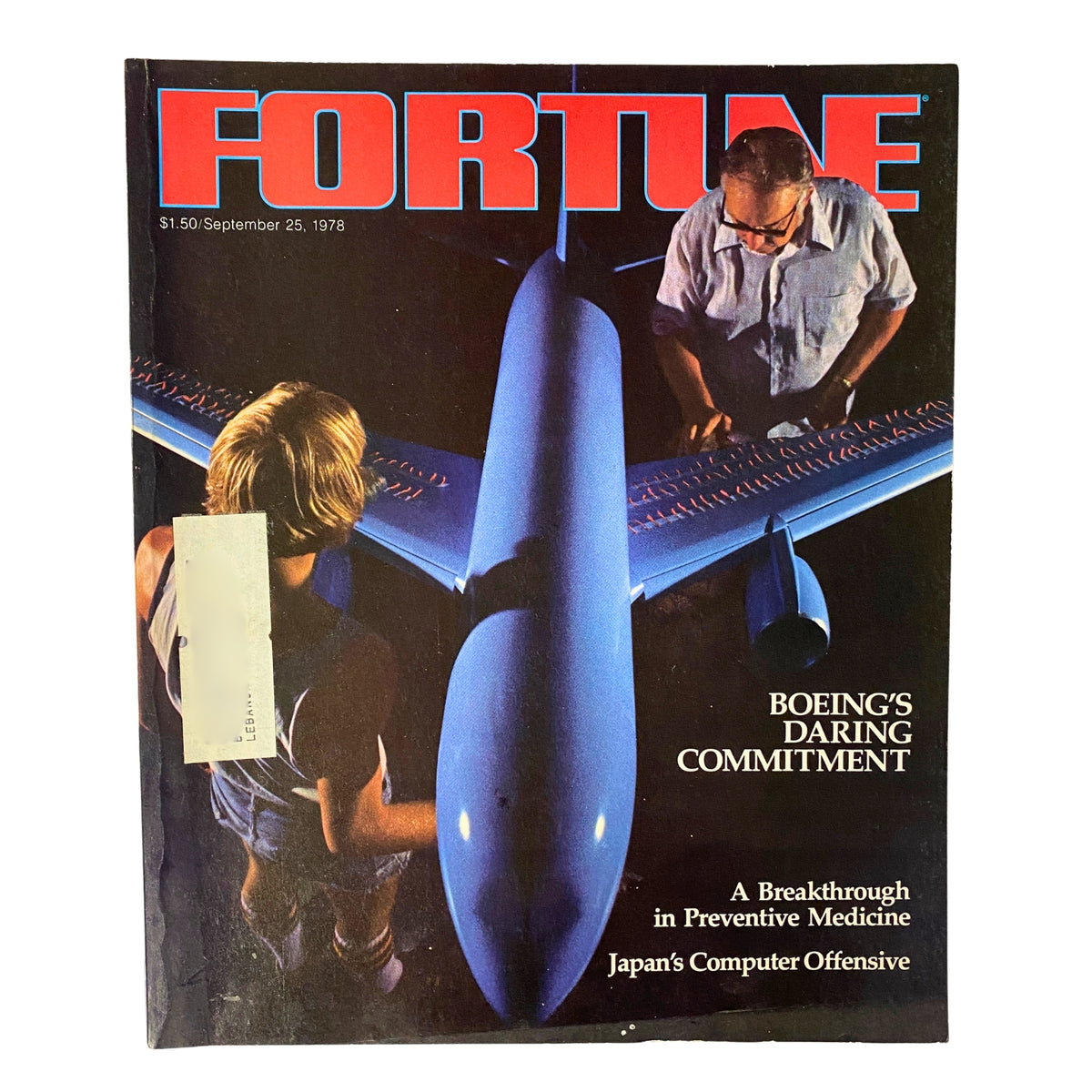 Cover of Fortune Magazine from September 25, 1978, featuring the title 'Boeing's Daring Commitment' with an image of a blue model airplane and two individuals inspecting it.