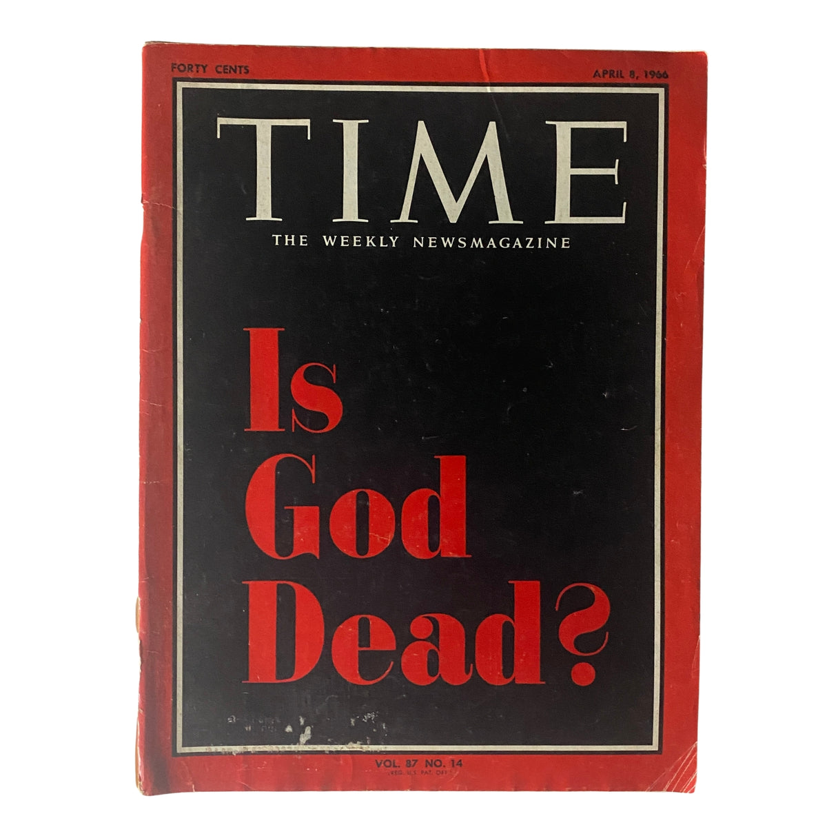 Time Magazine April 8, 1966 Vol 87 No. 14 cover featuring the bold question 'Is God Dead?' highlighting a significant cultural debate on secularism and religion.